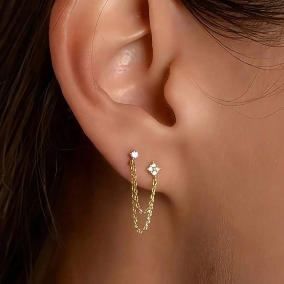 Cubic Zirconia Chain Pendant Stud Earrings, Hypoallergenic - Picture 2 of 3